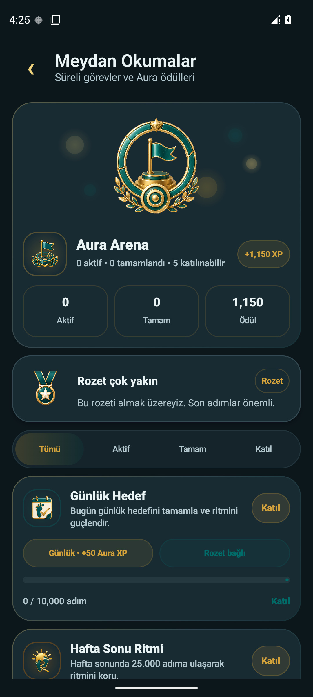AdımAura challenges screen