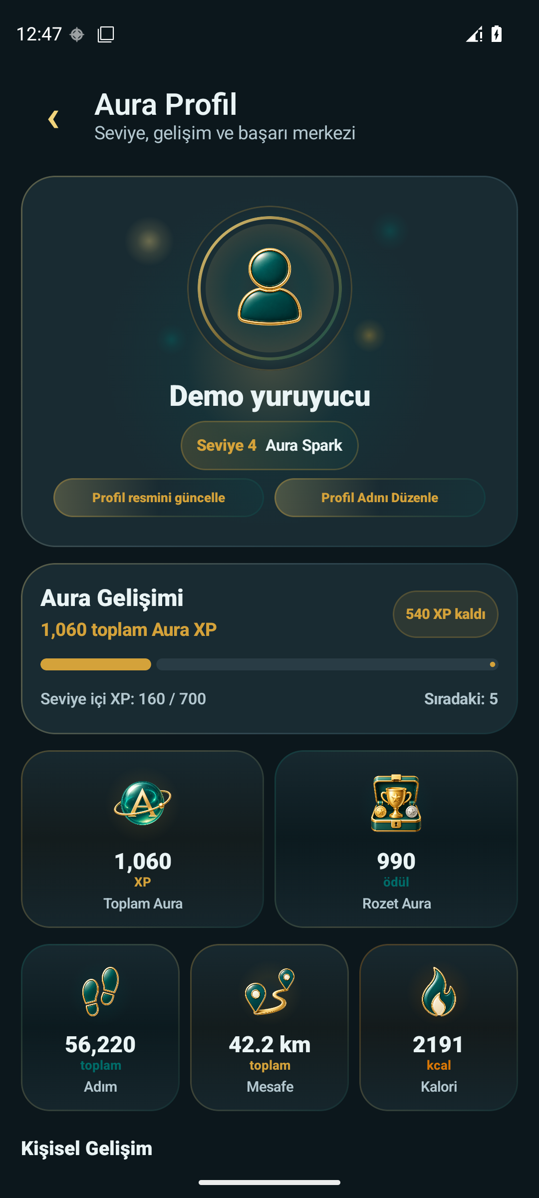 AdımAura profile and Aura XP progression screen