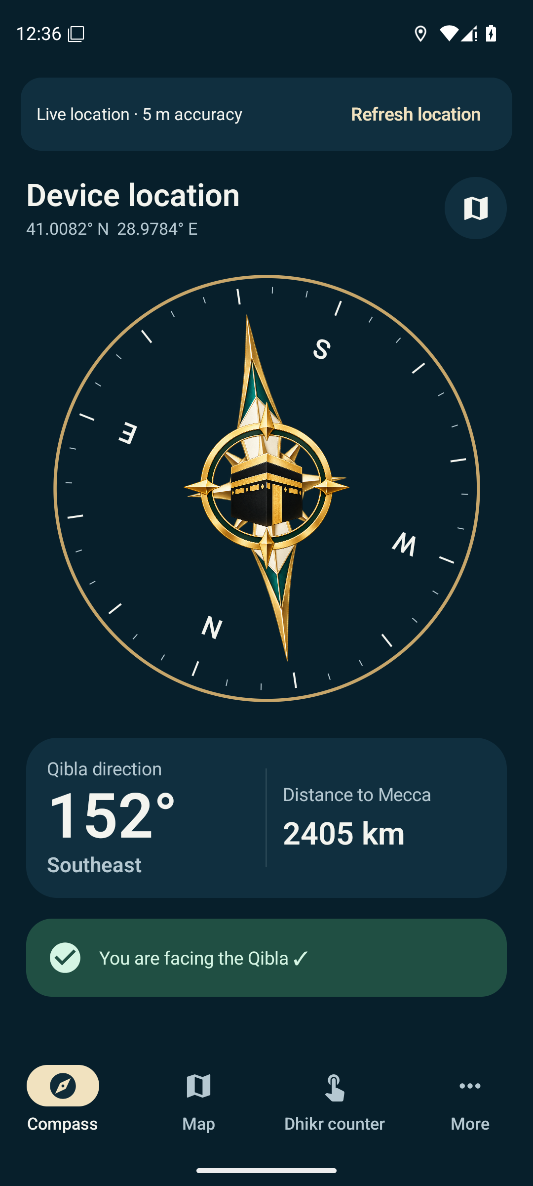 KıbleAura aligned Qibla compass