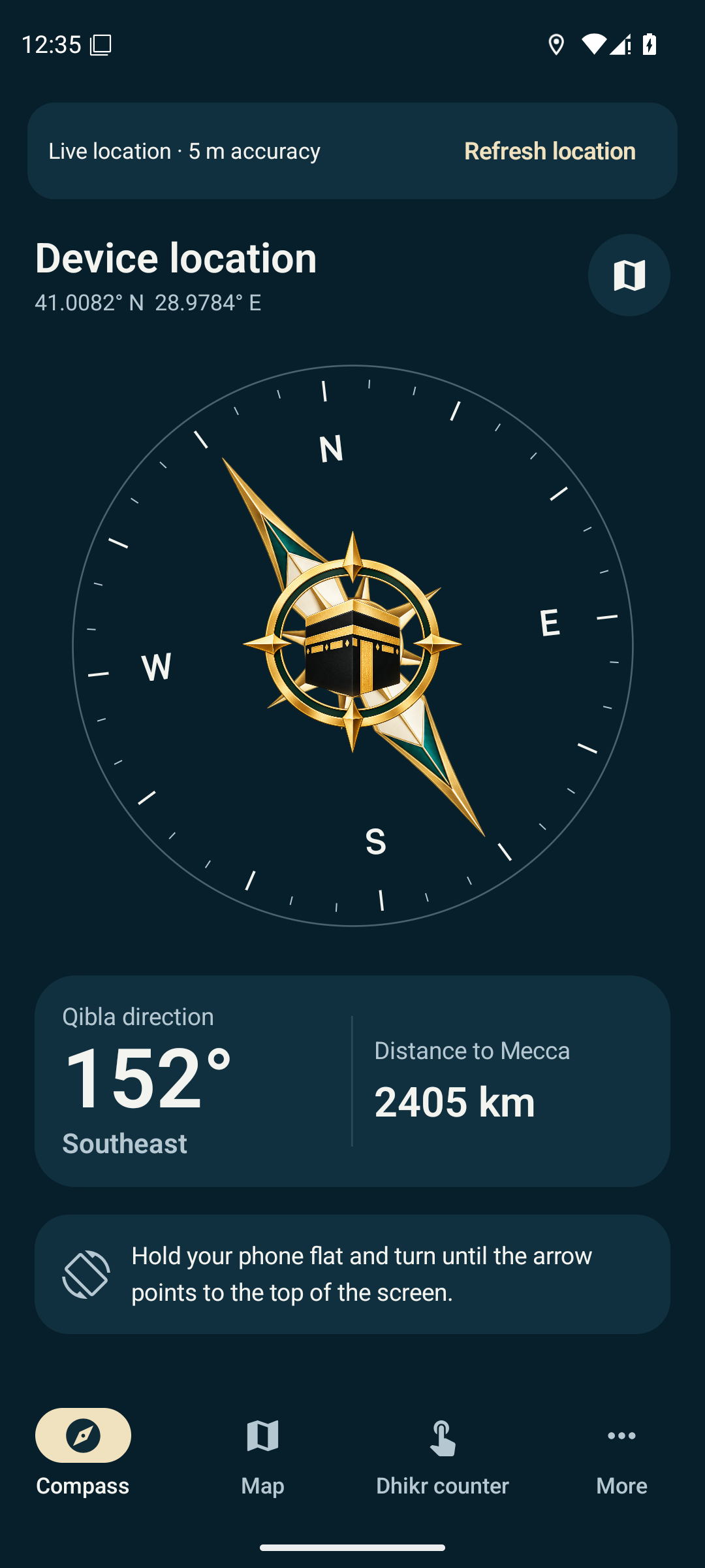 KıbleAura real Qibla compass screen