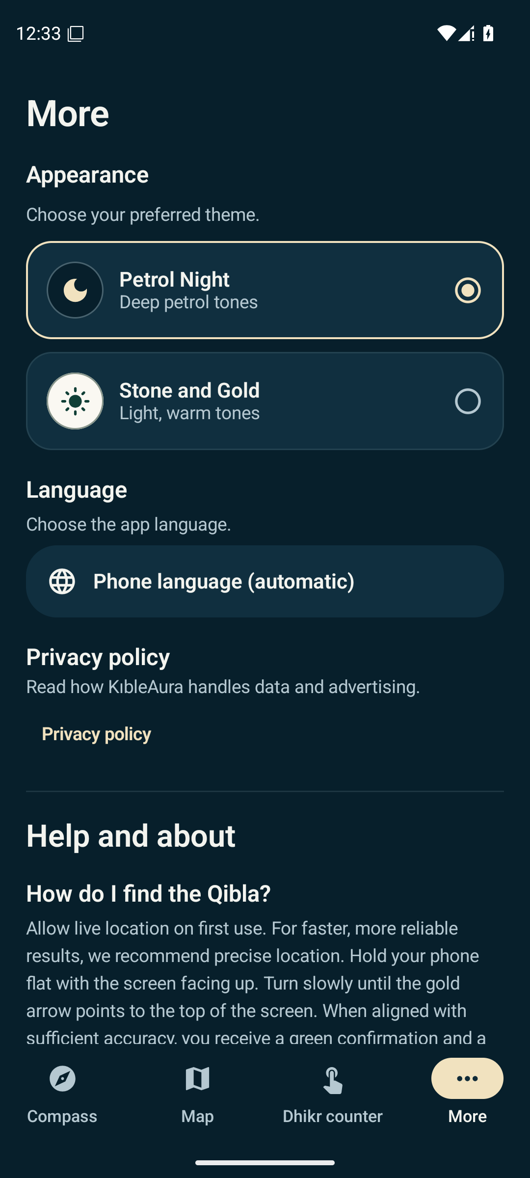 KıbleAura themes and settings screen